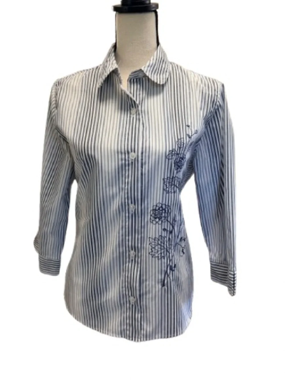 Alfred Dunner Petite Blue White Striped Embroidered Button Front Shirt 10P